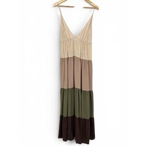 KLD Women Colorblock Tiered Maxi Dress Linen Blend Boho V-Neck Earth Tones M